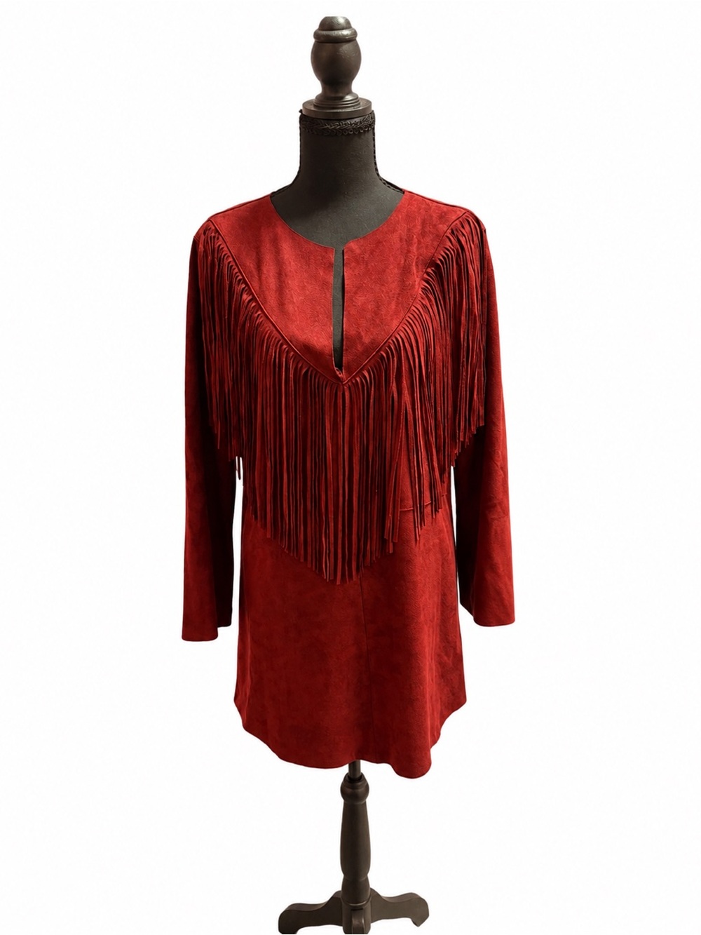 RAGA Burgundy Fringe Faux Suede Mini Dress Festival Western Cowgirl Longsleeve - Picture 2 of 8